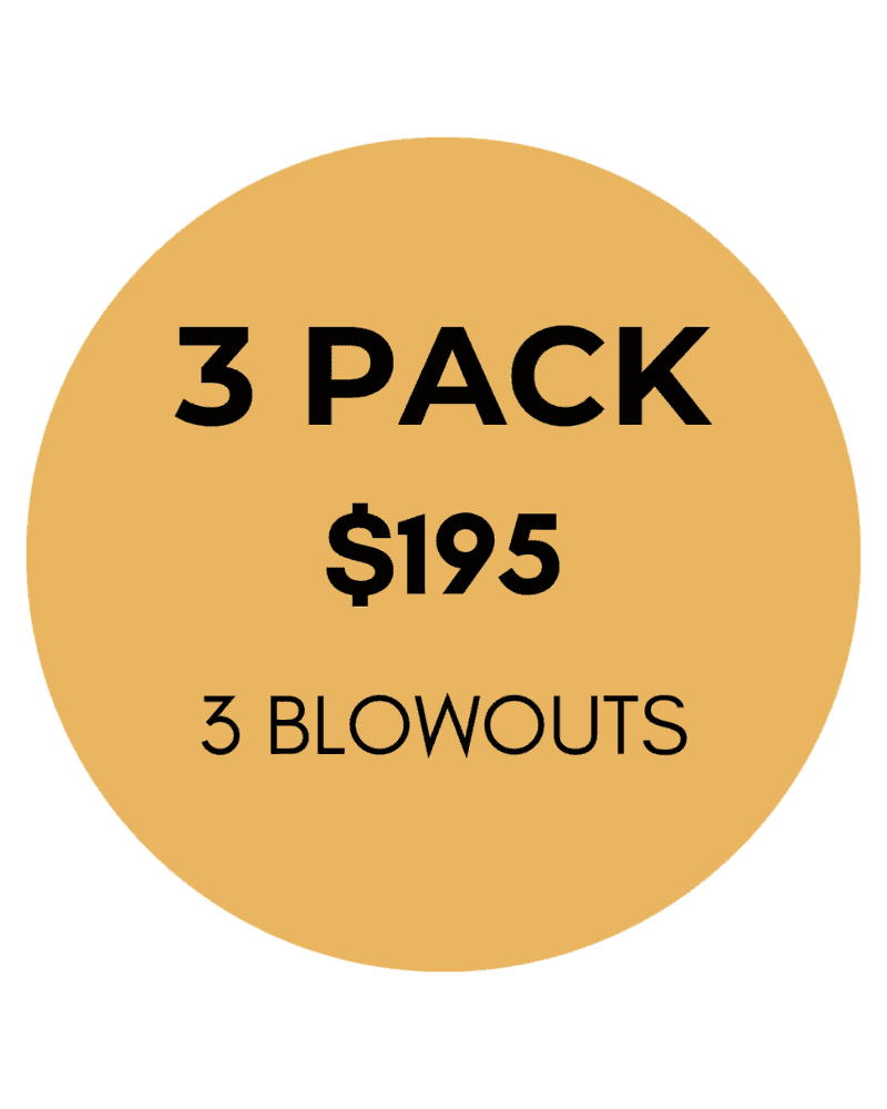 3 pack offer: $195 for 3 blowouts on a mustard yellow circle background.