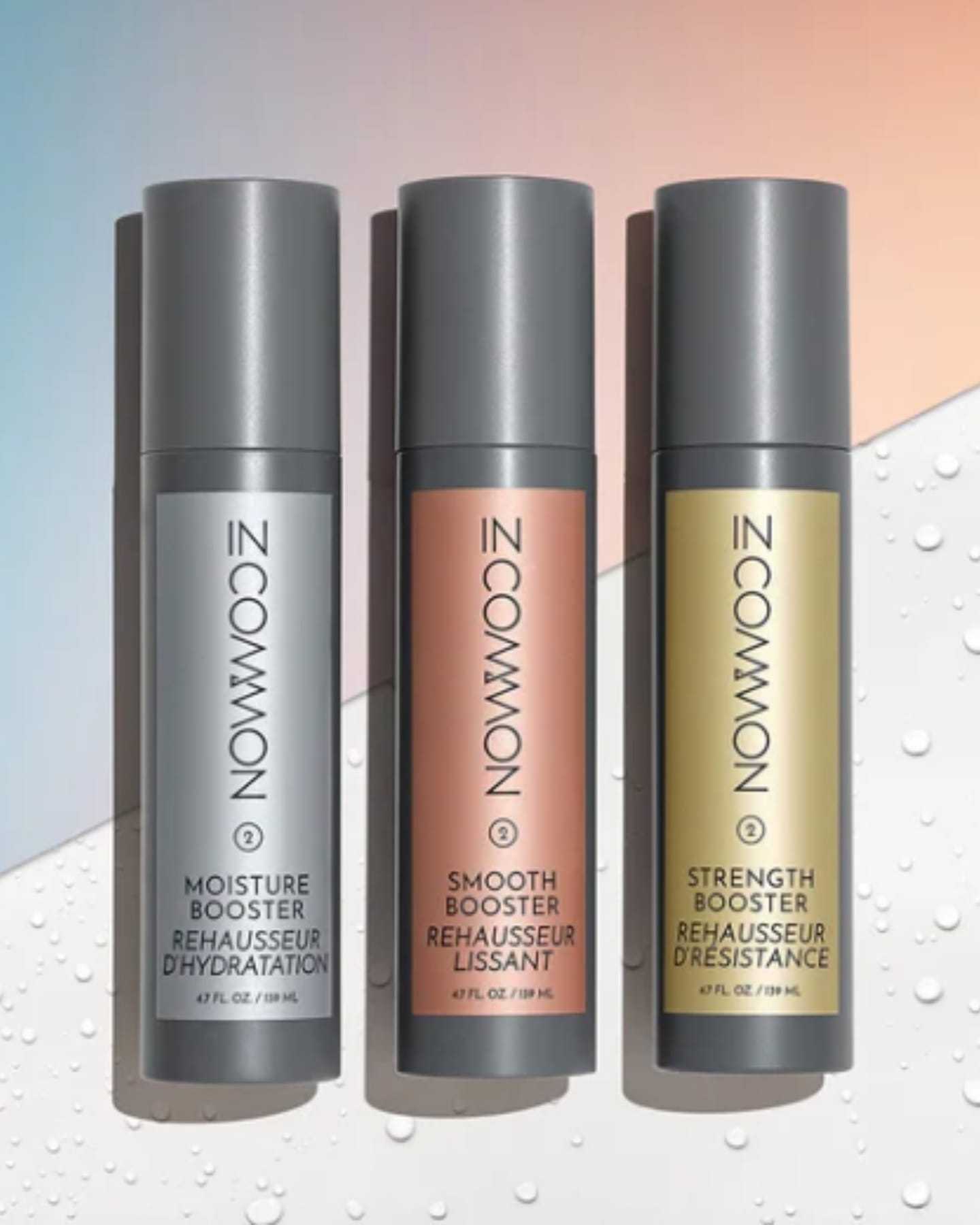 In Common hair booster trio: moisture, smooth, and strength in sleek bottles.