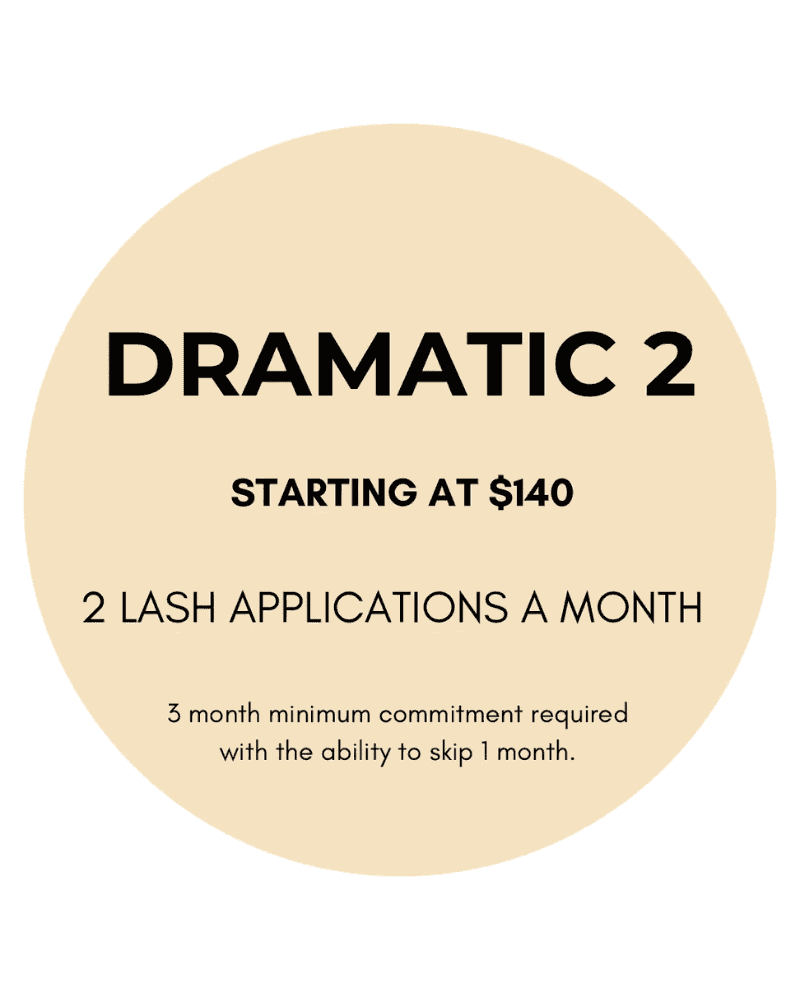 Dramatic 2 Lash Plan: $140, 2 applications/month, 3-month commitment with 1 skip option.